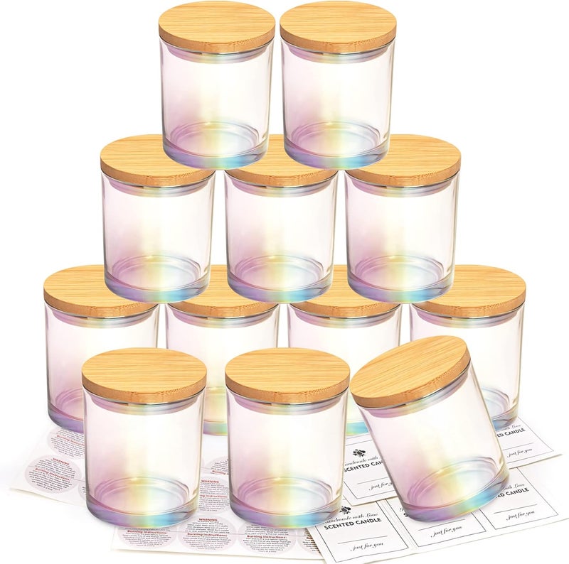 CONNOO 12 Pack 10 OZ Iridescent Glass Candle Jars for Making Candles with Airtight Bamboo Lids Nice Sticky Warning Labels for Candle Making Empty Container Bulk - Dishwasher Safe - Image 1